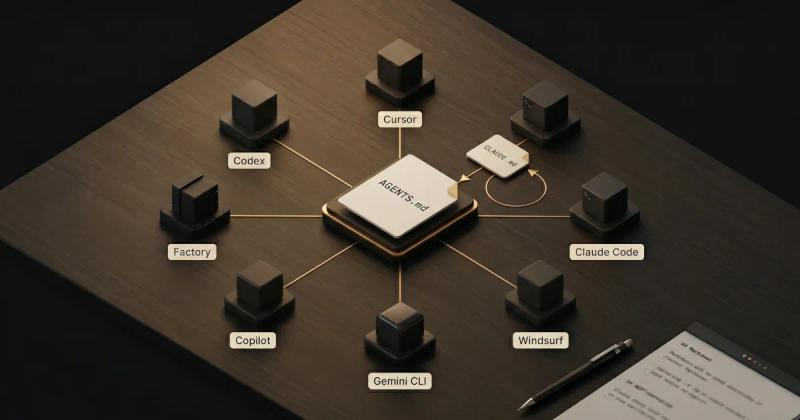 Isometric diagram showing AGENTS.md as the central standard for AI coding tools like Cursor and Copilot, with a symlink workaround connecting to Claude Code via a CLAUDE.md file.