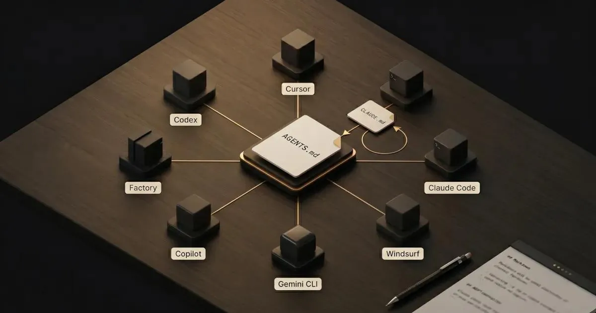 Isometric diagram showing AGENTS.md as the central standard for AI coding tools like Cursor and Copilot, with a symlink workaround connecting to Claude Code via a CLAUDE.md file.