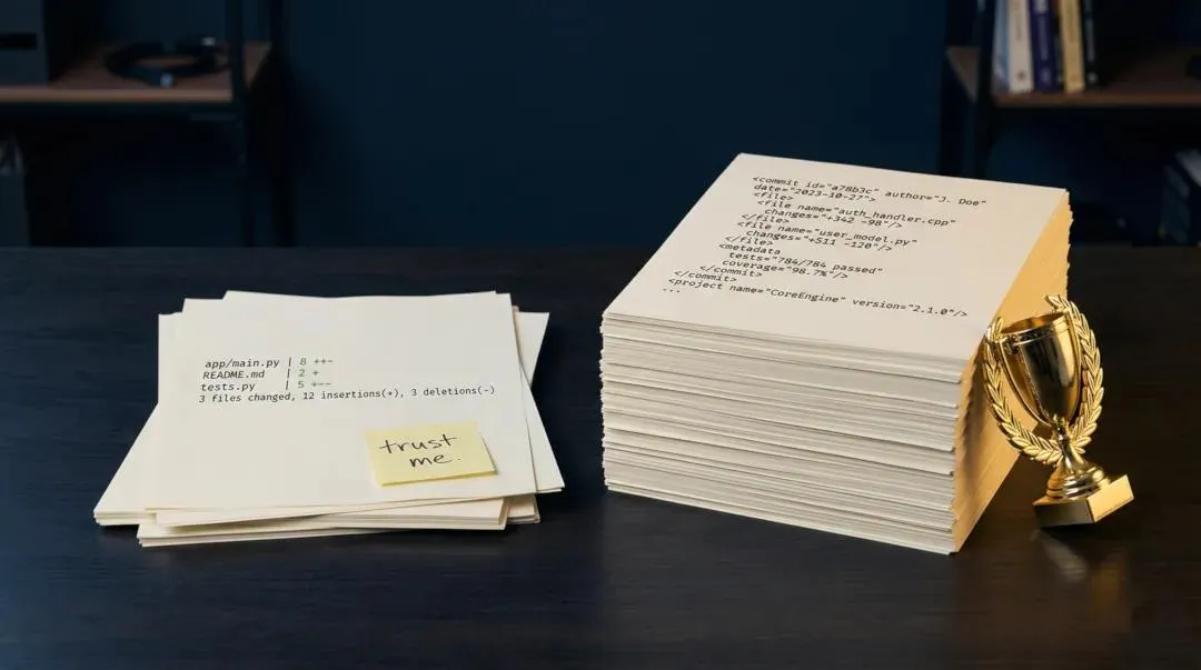Two stacks of papers on a dark desk. The thin left stack shows a sparse git diffstat with a "trust me." sticky note. The thick right stack shows dense XML with commit metadata and test results, with a gold trophy beside it.