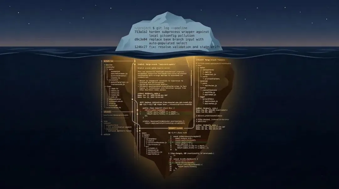 An illustration of an iceberg at night. The small tip above the water displays a terminal running git log --oneline with three brief commit summaries. The massive, glowing underwater portion of the iceberg reveals complex git commit trees, detailed code diffs, and rich repository history.