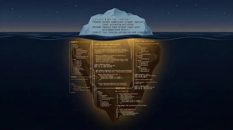 An illustration of an iceberg at night. The small tip above the water displays a terminal running git log --oneline with three brief commit summaries. The massive, glowing underwater portion of the iceberg reveals complex git commit trees, detailed code diffs, and rich repository history.