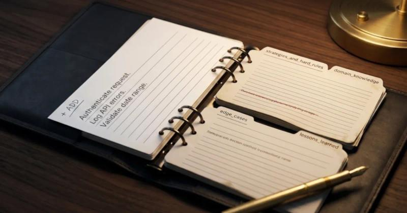 A dark leather ring binder open on a walnut desk representing the Agentic Context Engineering (ACE) framework. Structured index cards act as an AI agent playbook, with a new card marked "+ ADD" being inserted to symbolize incremental delta updates.