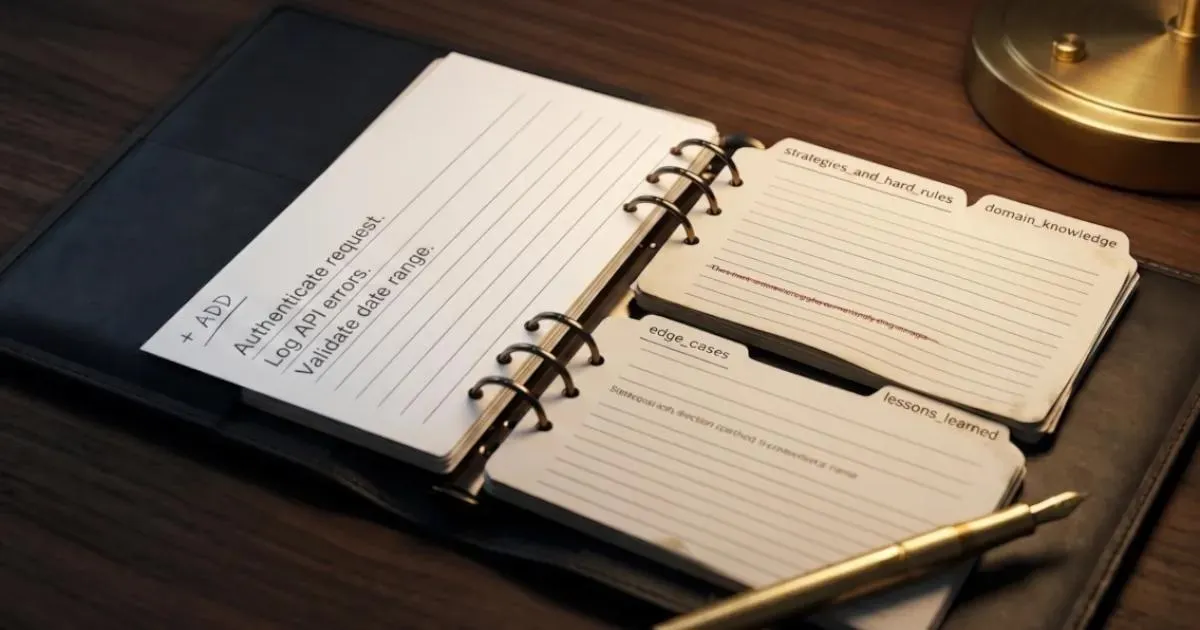 A dark leather ring binder open on a walnut desk representing the Agentic Context Engineering (ACE) framework. Structured index cards act as an AI agent playbook, with a new card marked "+ ADD" being inserted to symbolize incremental delta updates.