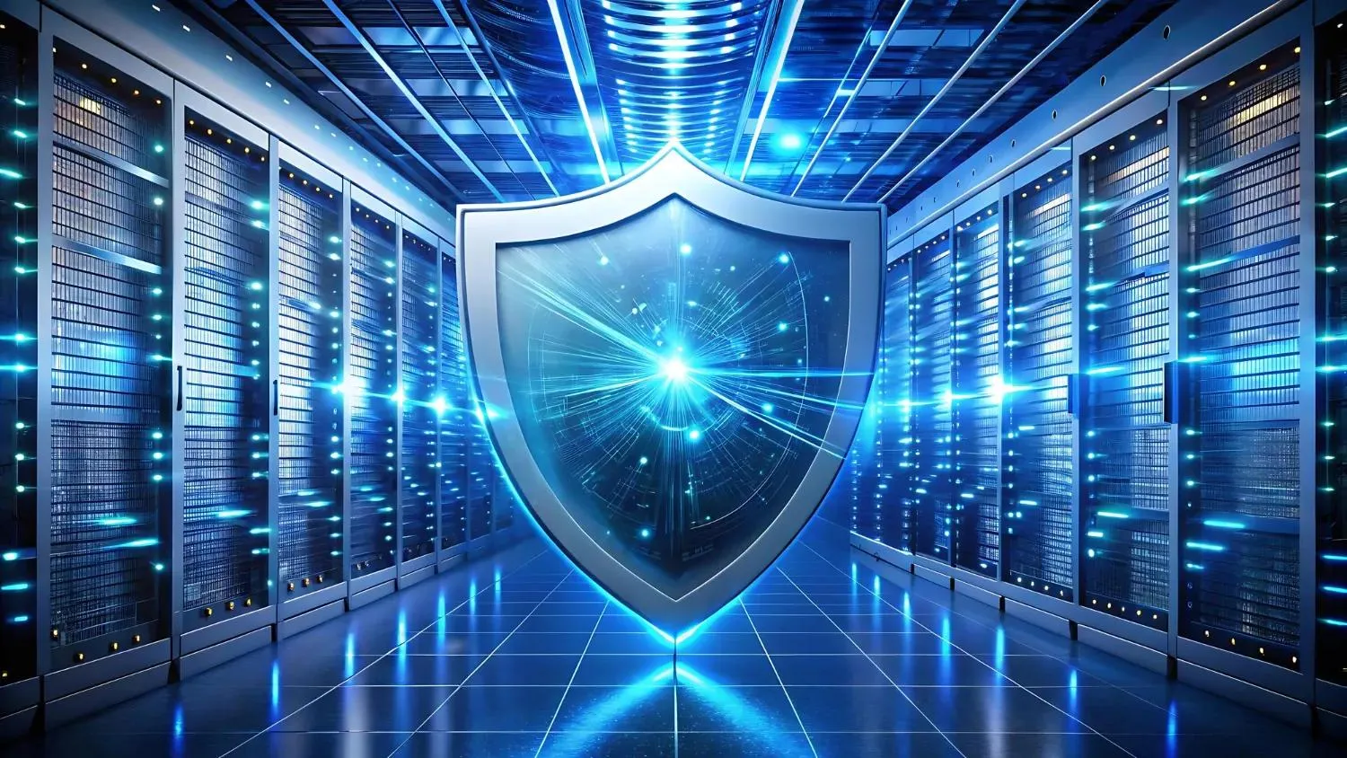 API Security Vs MCP Security illustration of a large glowing shield in the middle of a datacenter, between the server racks