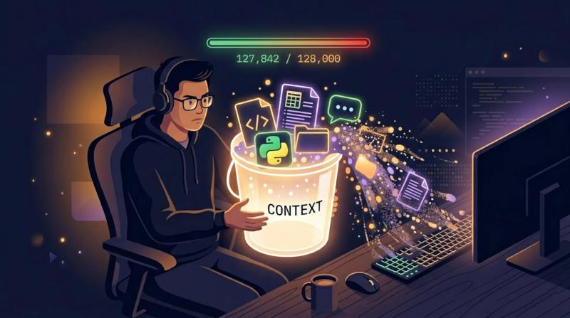 A person holding a bucket labeled "context" containing various data items. There is a full token budget above him.