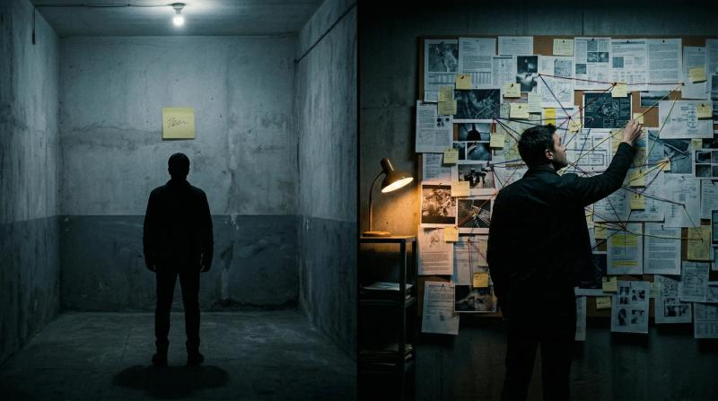 Split-screen image: left side shows a figure standing alone in a sparse room facing a single sticky note on a bare wall; right side shows the same figure actively working at a dense investigation board covered in documents, strings, and notes.