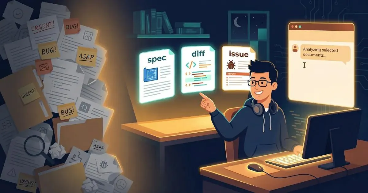 A developer at a desk points to three glowing document cards  labelled spec, diff, and issue — selected from a large pile of  chaotic, urgent-tagged documents on the left — while an AI chat  window on the right begins generating a response.