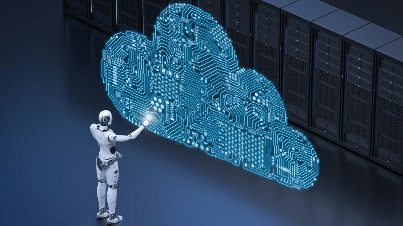 AI robot standing in front of a cloud made of circuit connections inside a data center, trying to access the database