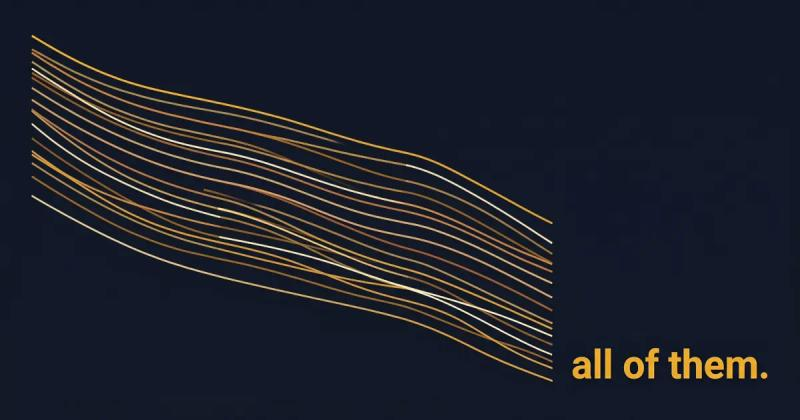 18 gold and white lines on a dark background curving downward from left to right, with text reading all of them