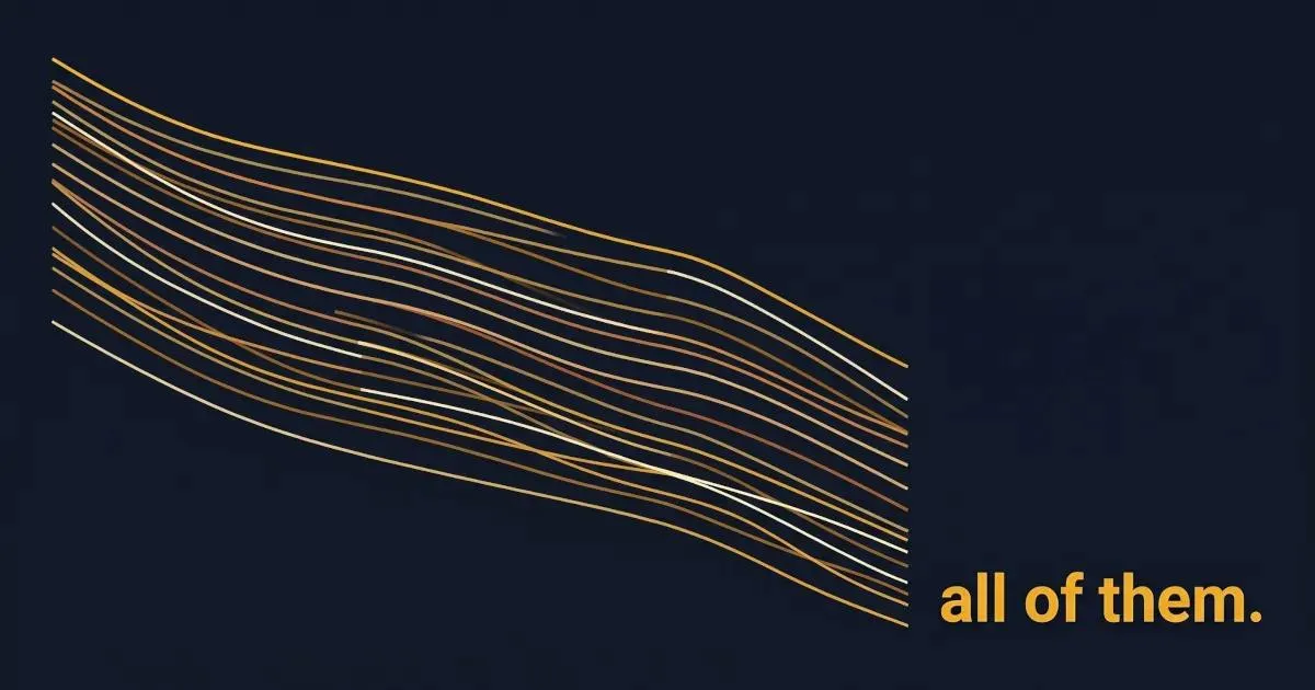 18 gold and white lines on a dark background curving downward from left to right, with text reading all of them