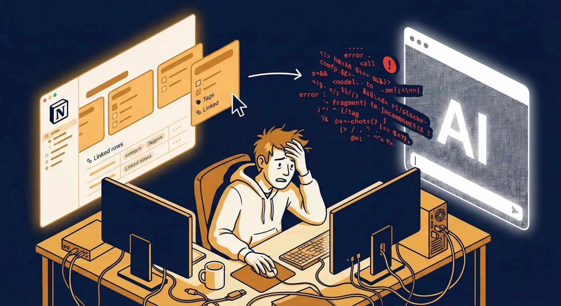 A frustrated developer stares at the computer screen, while Notion items are translated into a confusing AI context