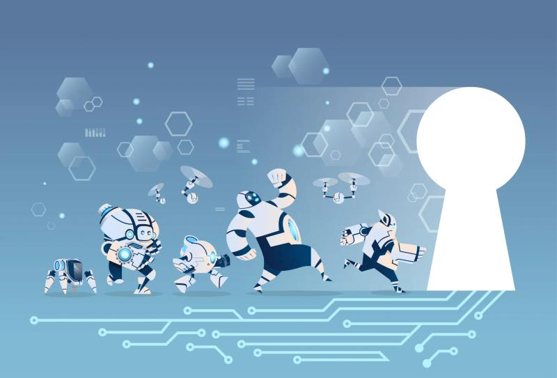 Different types of robots running towards a keyhole, chasing the key