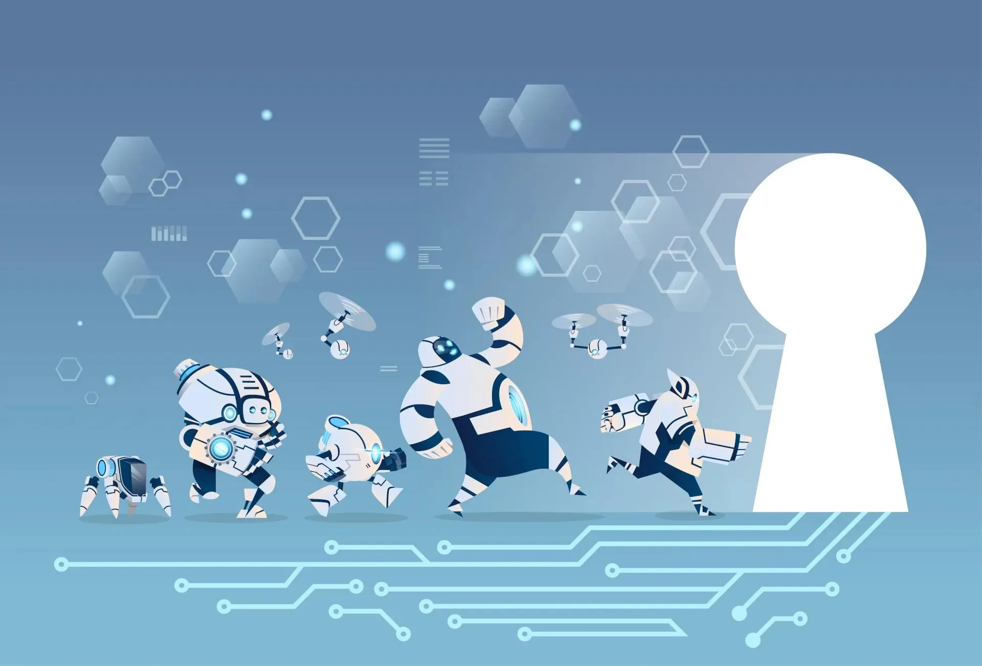 Different types of robots running towards a keyhole, chasing the key