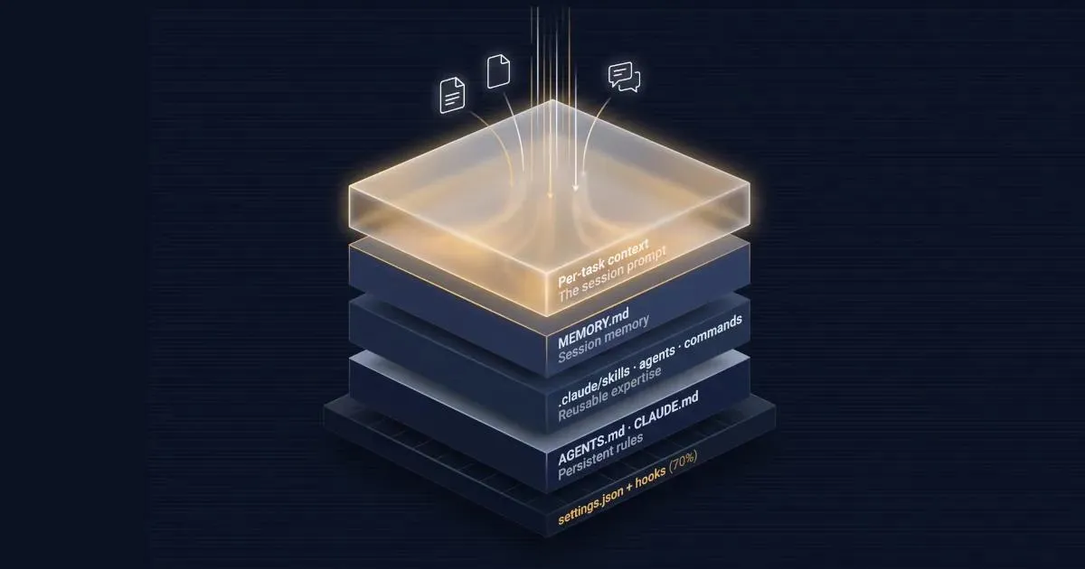 Four-layer isometric stack with solid bases for CLAUDE.md and MEMORY.md, topped by a glowing layer receiving data streams