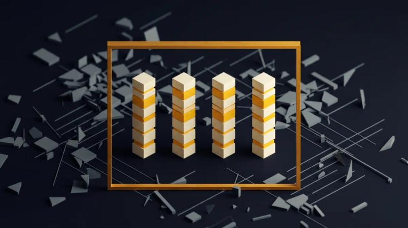 Amber square frame filtering scattered grey geometric debris into four ordered vertical columns of cream and amber cubes