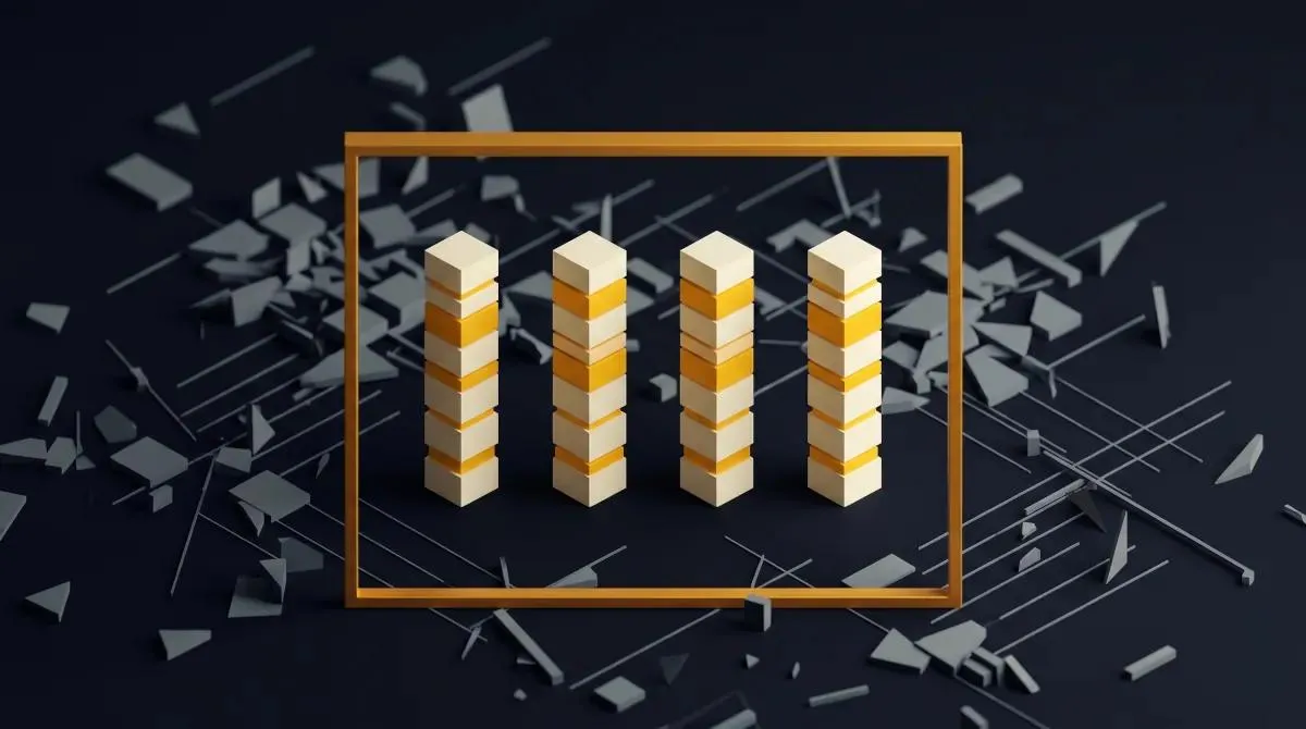 Amber square frame filtering scattered grey geometric debris into four ordered vertical columns of cream and amber cubes