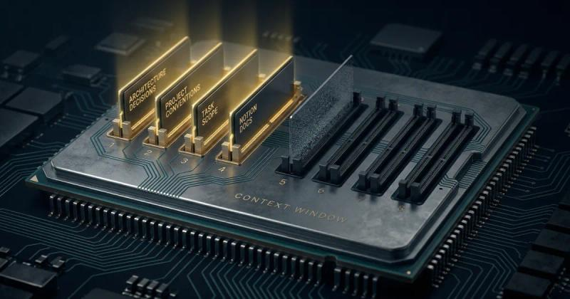 3D render of a metallic CPU chip representing an AI context window, featuring glowing RAM slots loaded with project data like architecture decisions and task scope, alongside empty slots showing available memory capacity.