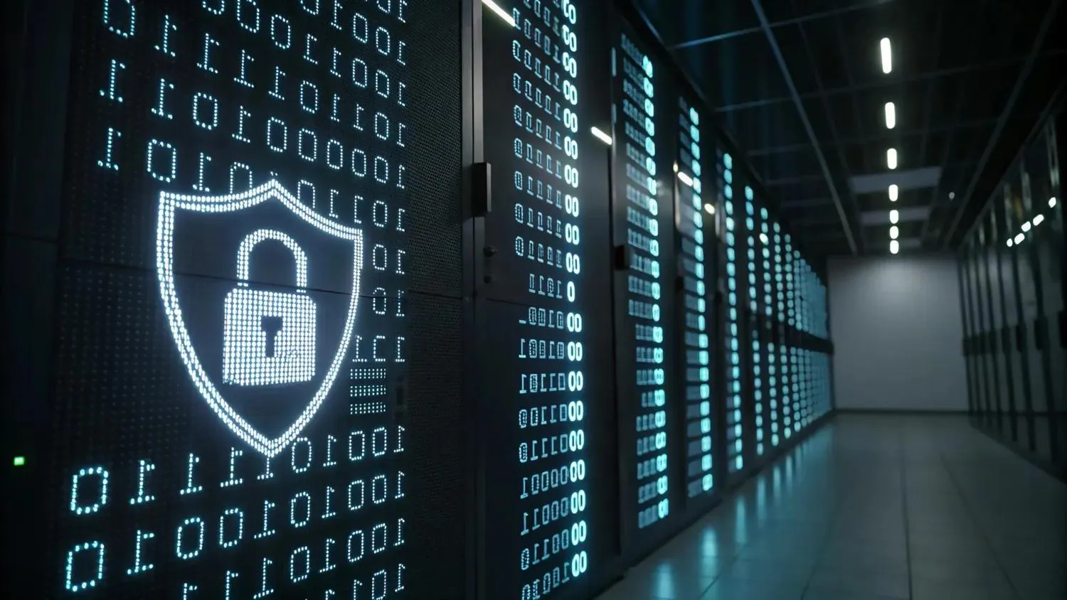 Datacenter security illustration with a locked shield over binary code on the front of the server rack