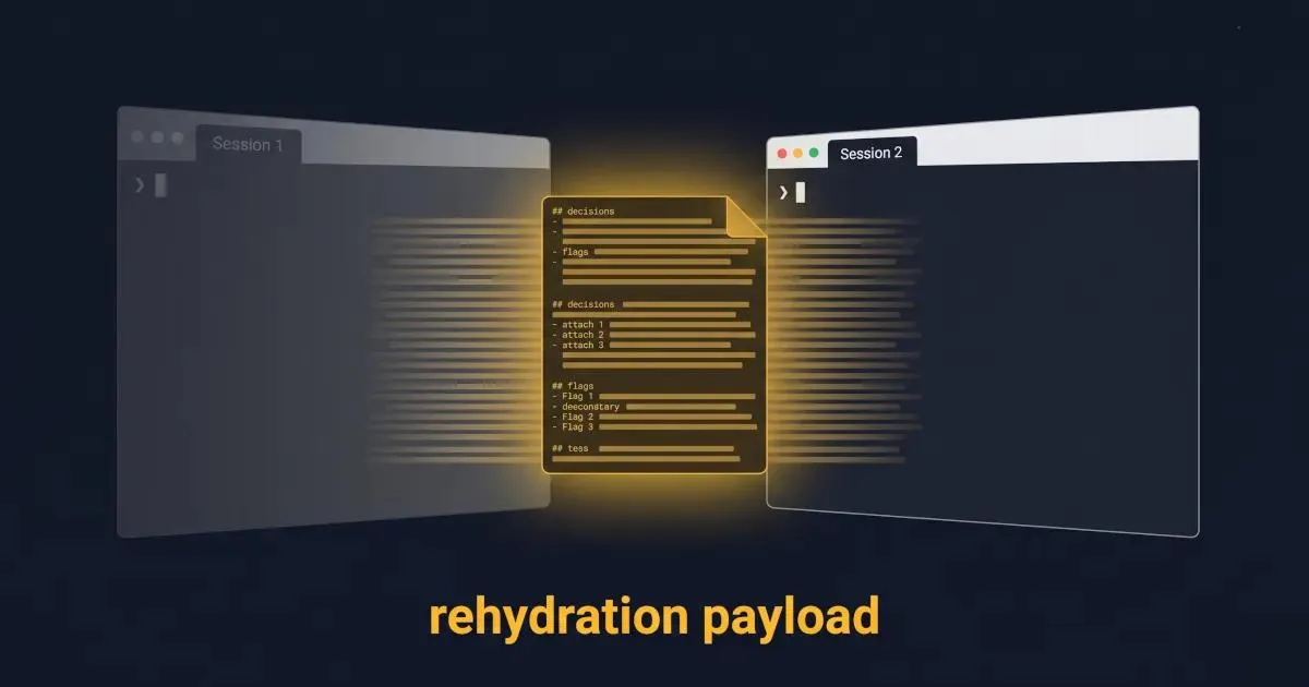Faded terminal window passing a glowing amber document labeled rehydration payload to an active second terminal window