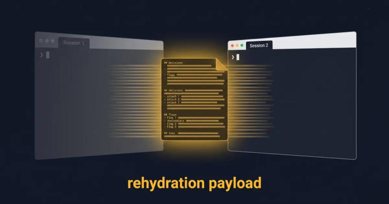 Faded terminal window passing a glowing amber document labeled rehydration payload to an active second terminal window