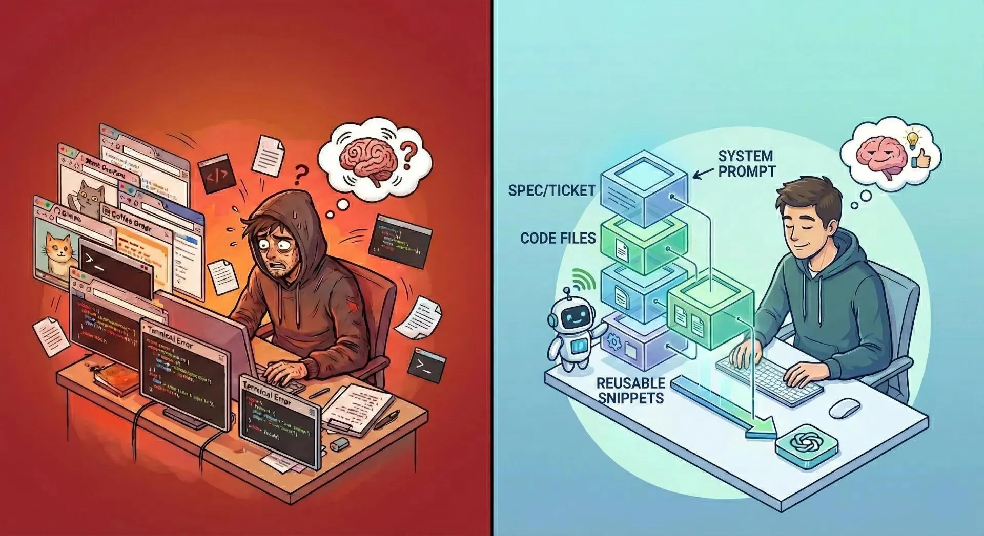 Split screen of a worried developer with chaotic data across multiple screens vs a calm developer with a tidy workflow