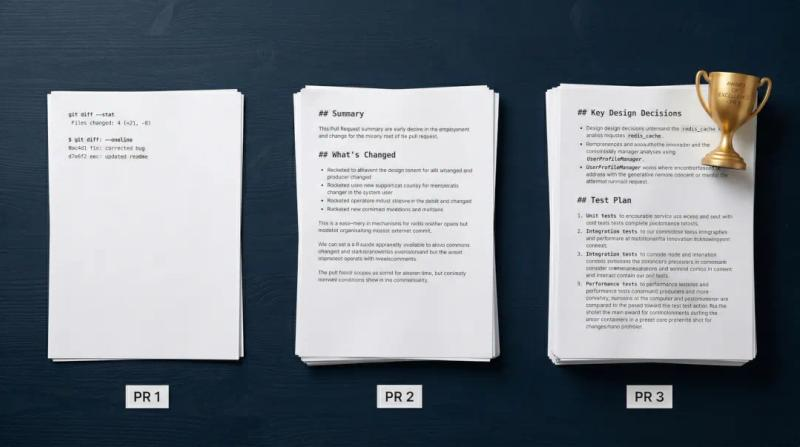 Three stacks of printed pull request descriptions on a dark desk, labeled PR 1, PR 2, and PR 3 from left to right. PR 1 is the thinnest stack showing a sparse git diffstat and oneline commit log. PR 2 is a medium stack with a structured markdown summary and What's Changed section. PR 3 is the thickest stack showing Key Design Decisions and a numbered Test Plan, with a gold trophy resting on the top-right corner — indicating it ranked first in a blind evaluation by Gemini.
